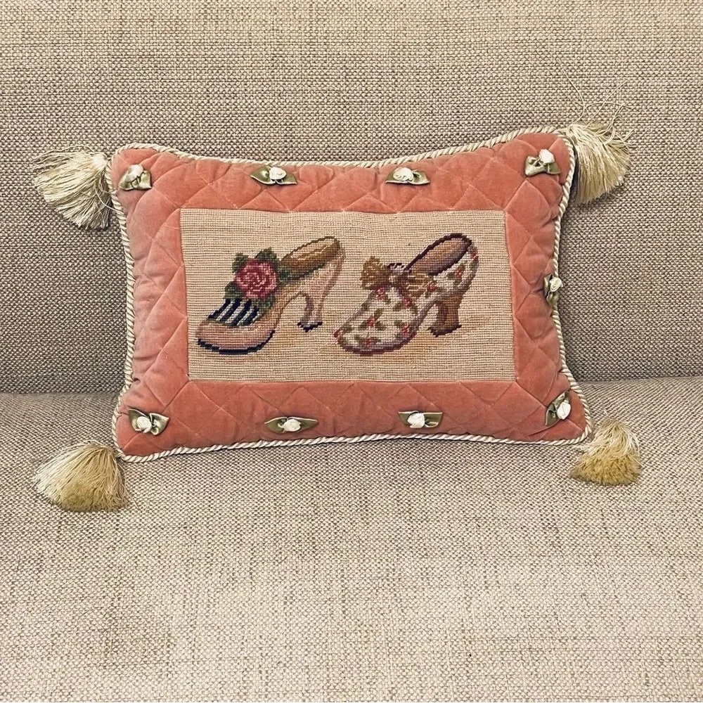 Vtg Handmade Embroidered Needle Point Tapestry Ruffle Tassel Rectangle Pillow